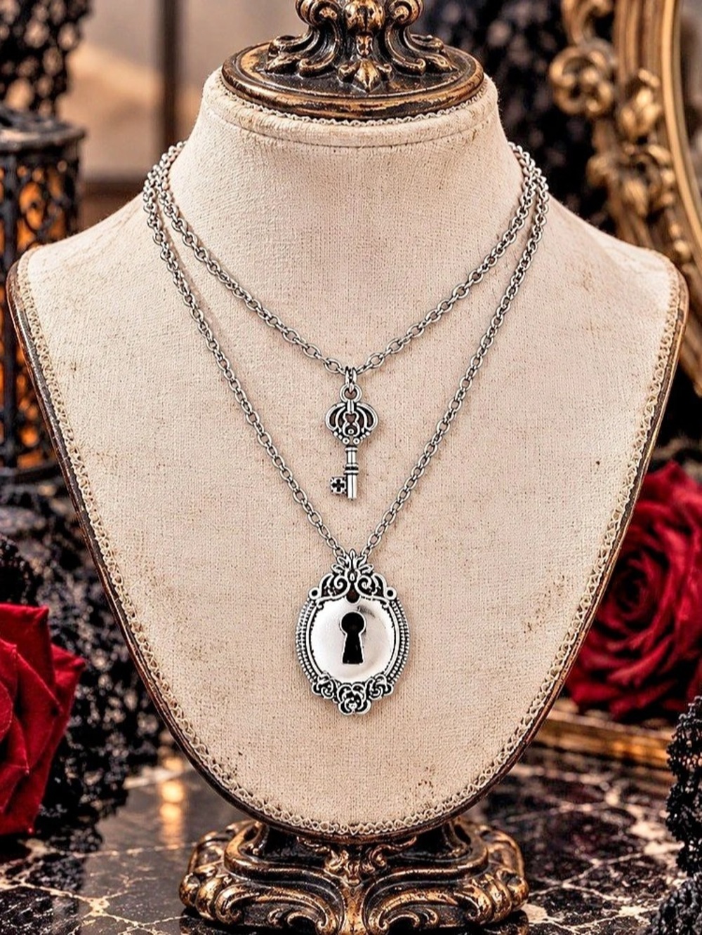 Layered Keyhole Pendant Necklace in Silver & Black